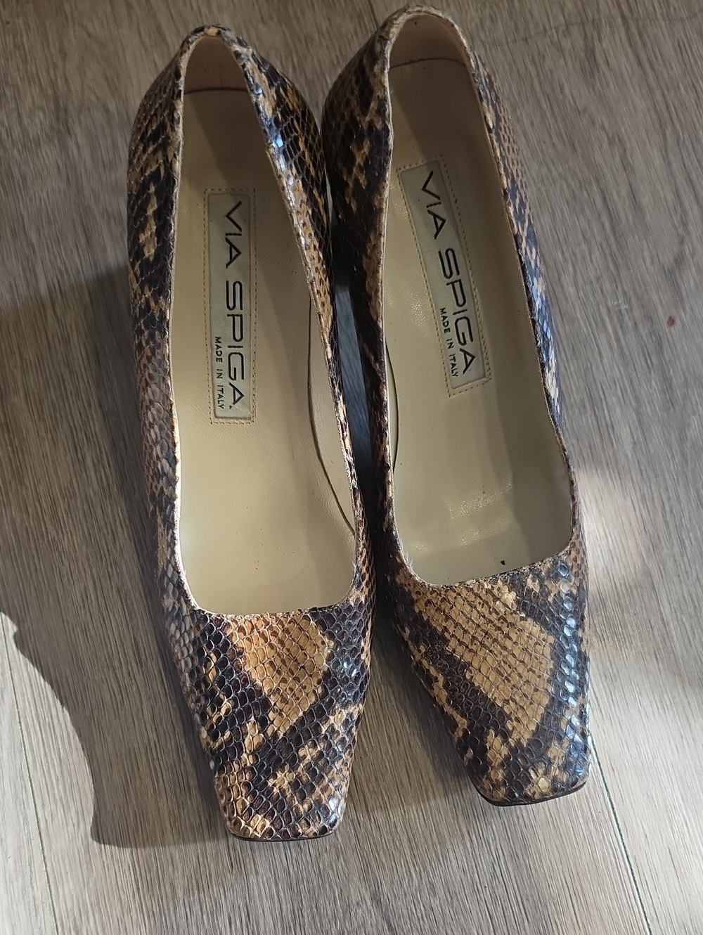 Via Spiga Brown Snake-Print Square Toe Pumps